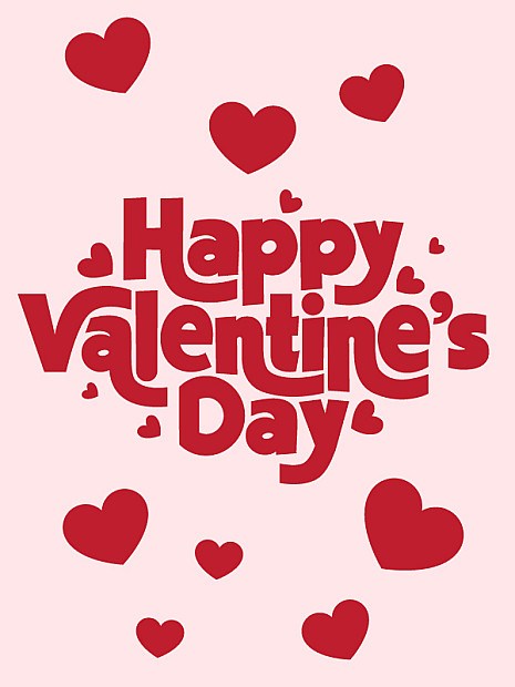 Illustration mit mehreren roten Herzen um den zentralen Schriftzug „Happy Valentine’s Day“ auf rosafarbenem Hintergrund.