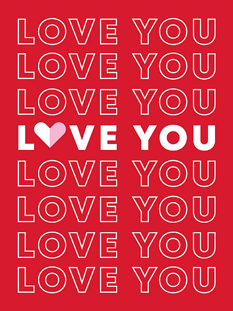 Grafik mit rotem Hintergrund, auf dem mehrfach die Wörter „LOVE“ und „YOU“ stehen, wobei einmal das „O“ als rosa Herz dargestellt ist.